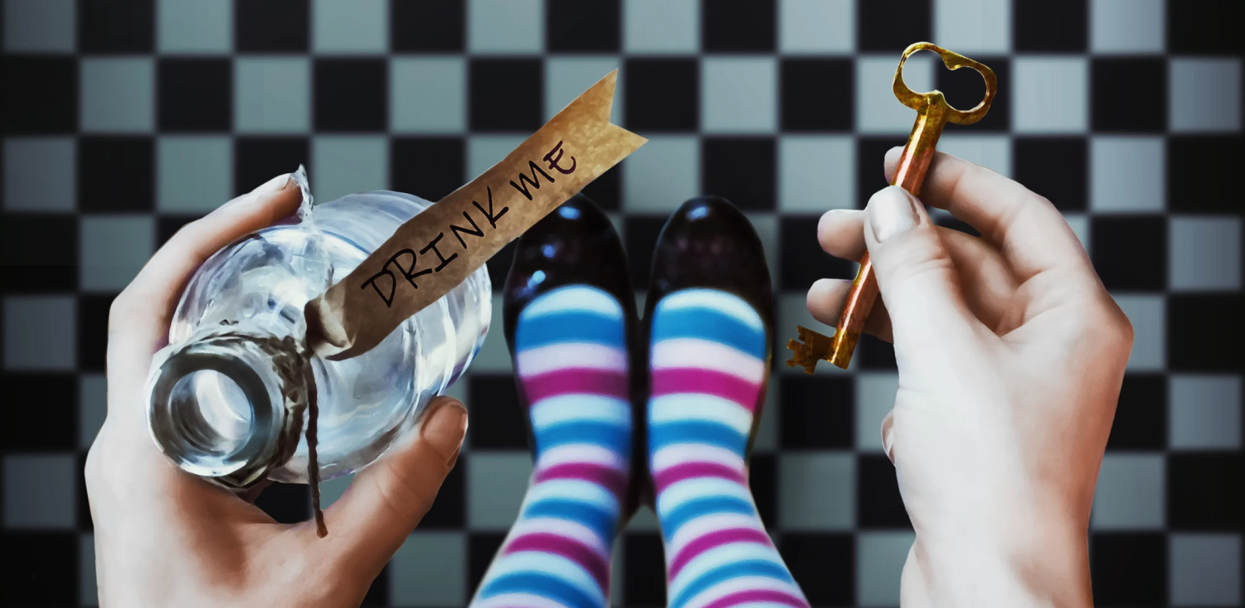 alice in wonderland holding a bottle and key