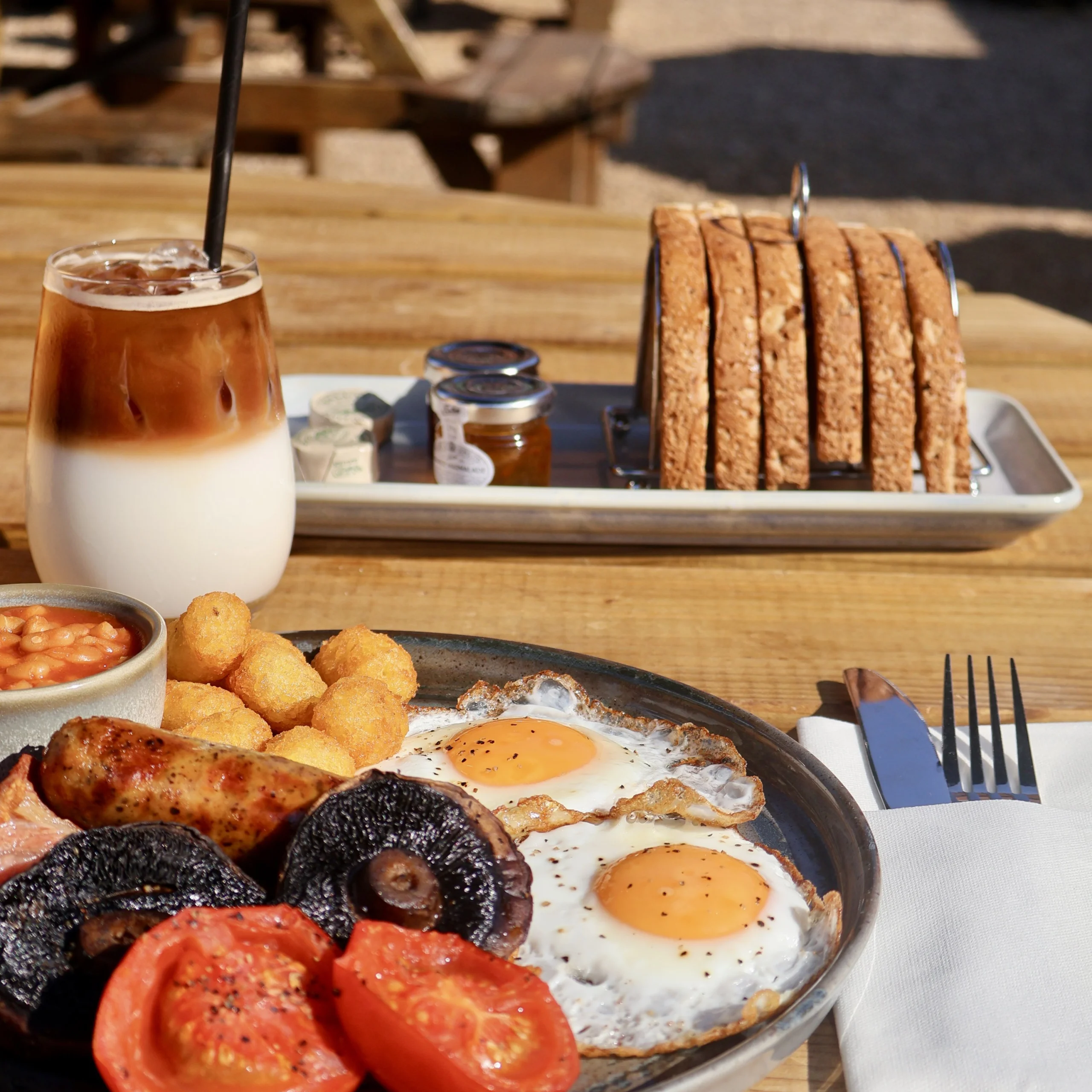 a full english breakfast with an iced latte at doddington hall