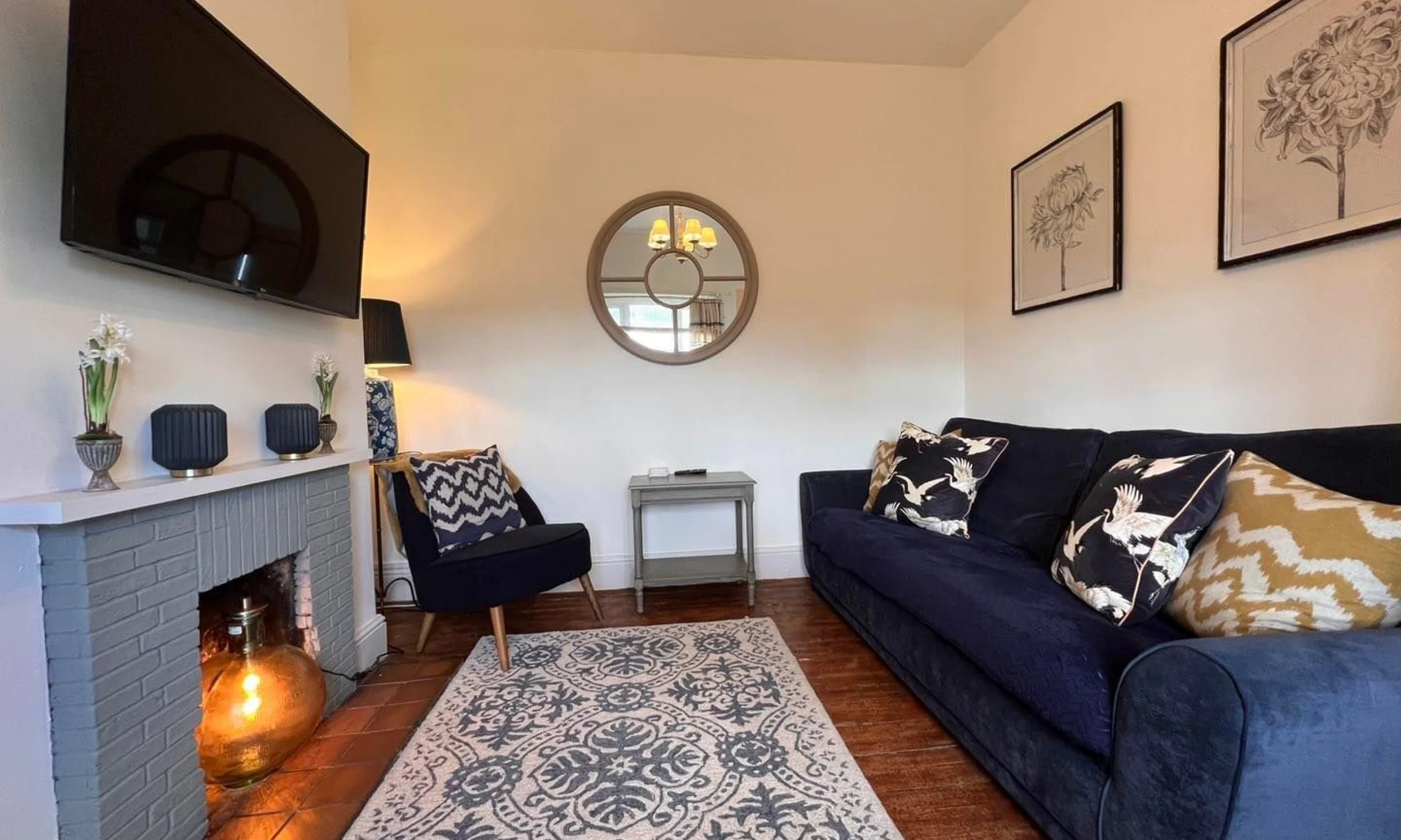 blue velvet sofa at doddington estate bungalow