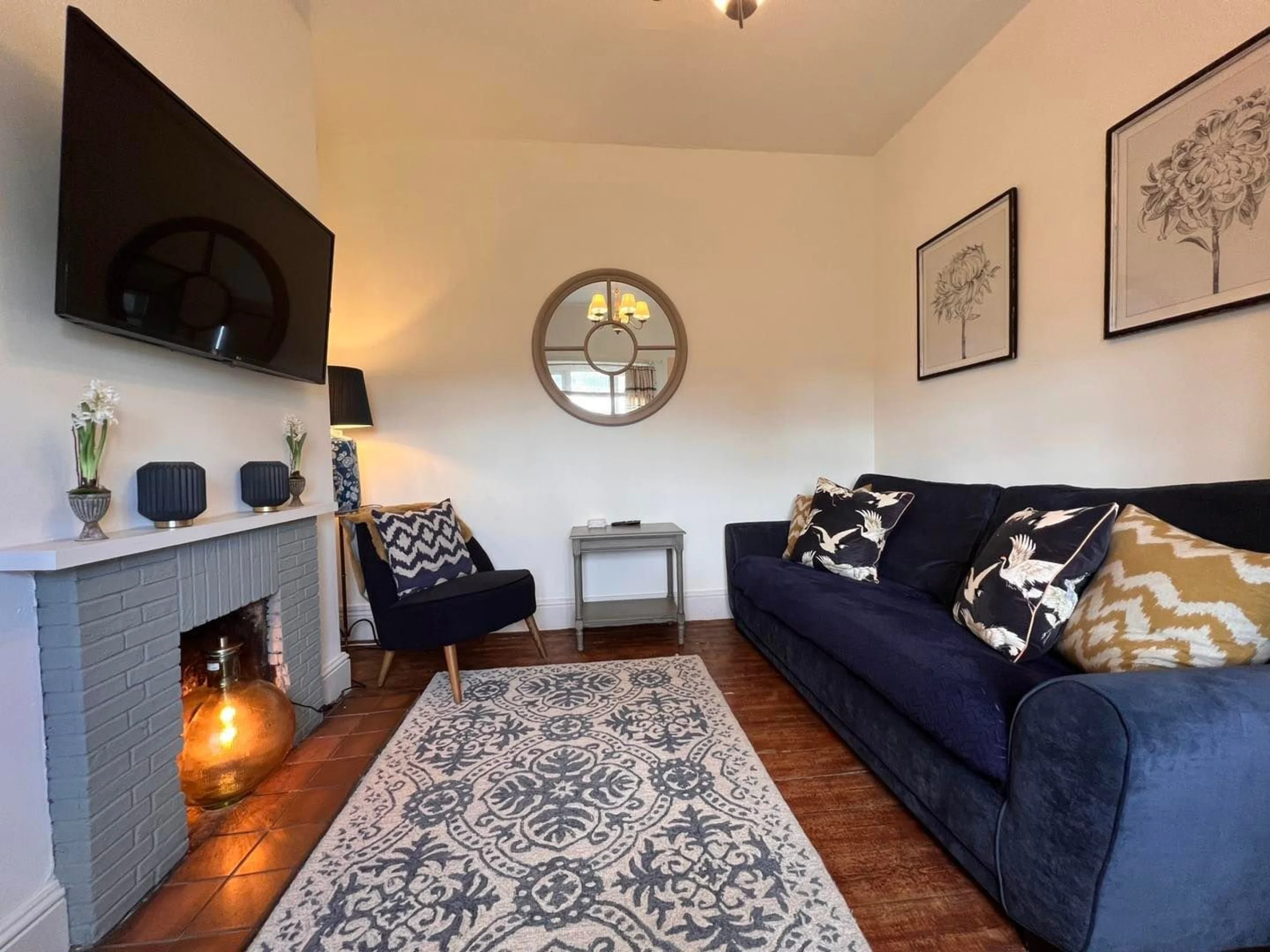 blue velvet sofa at doddington estate bungalow