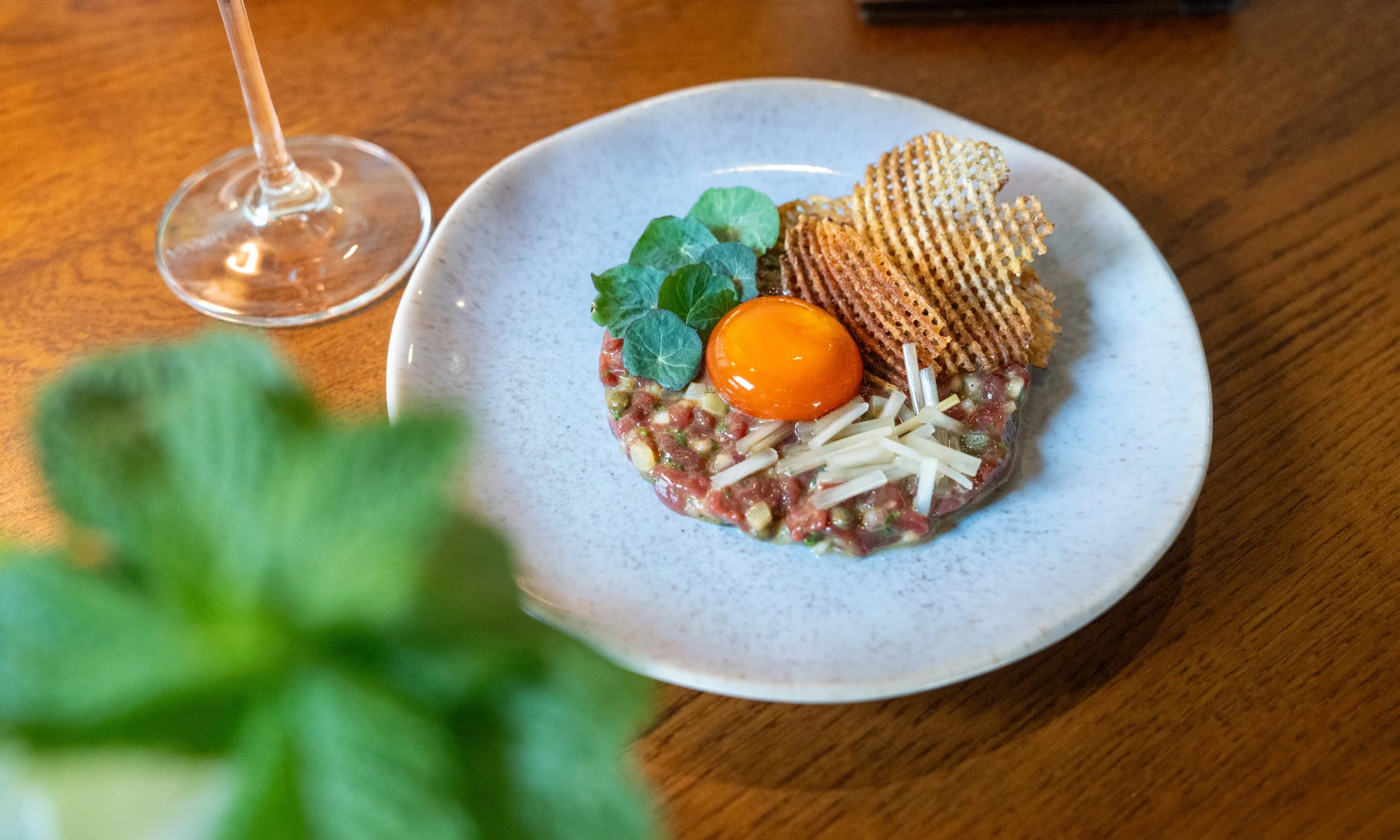venison tartare with egg yolk at doddington grain store