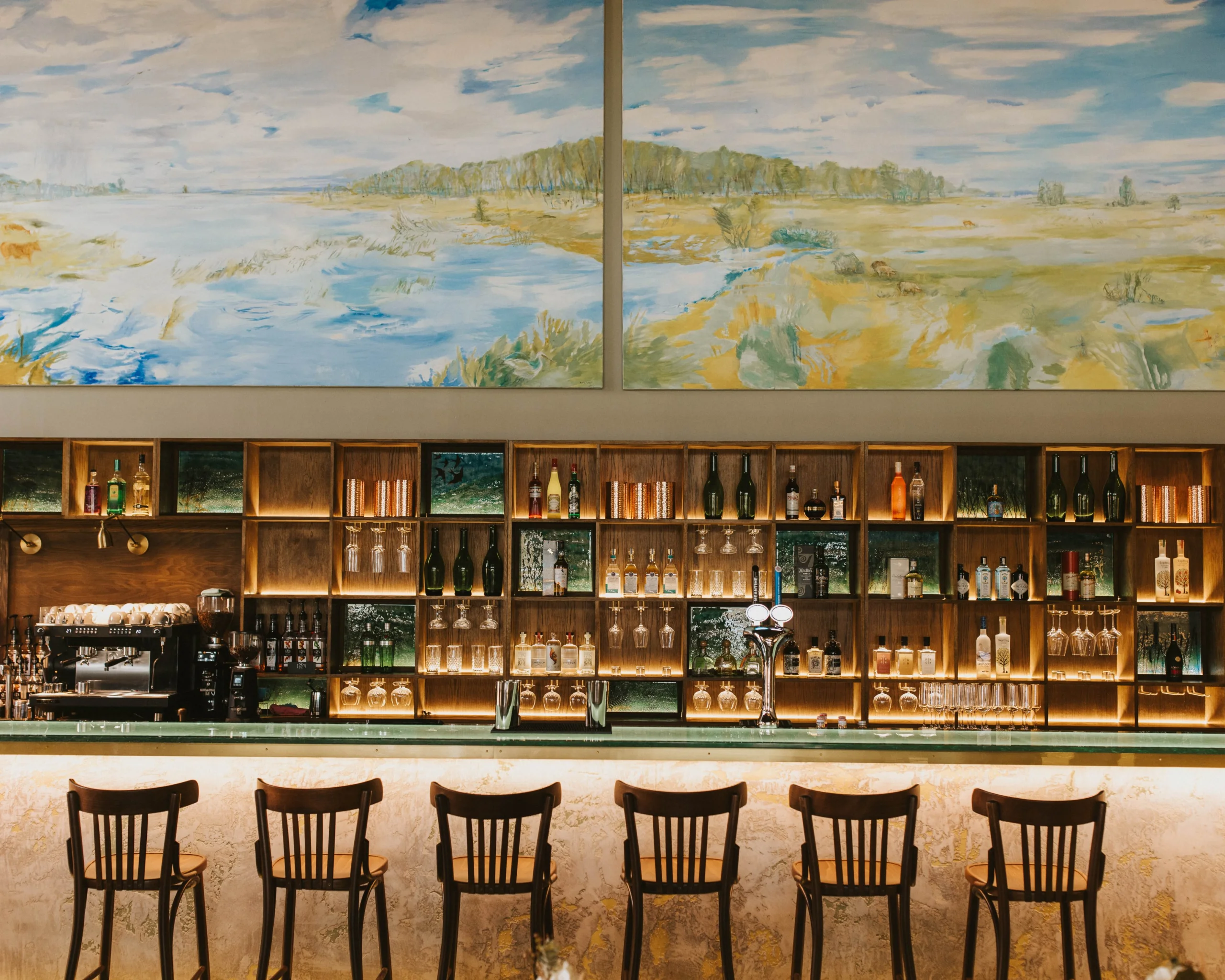 doddington grain store bar with high back stools