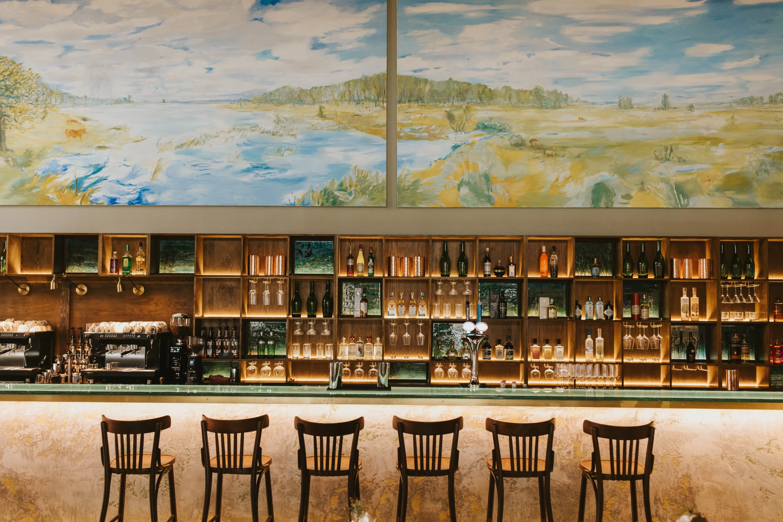 doddington grain store bar with high back stools