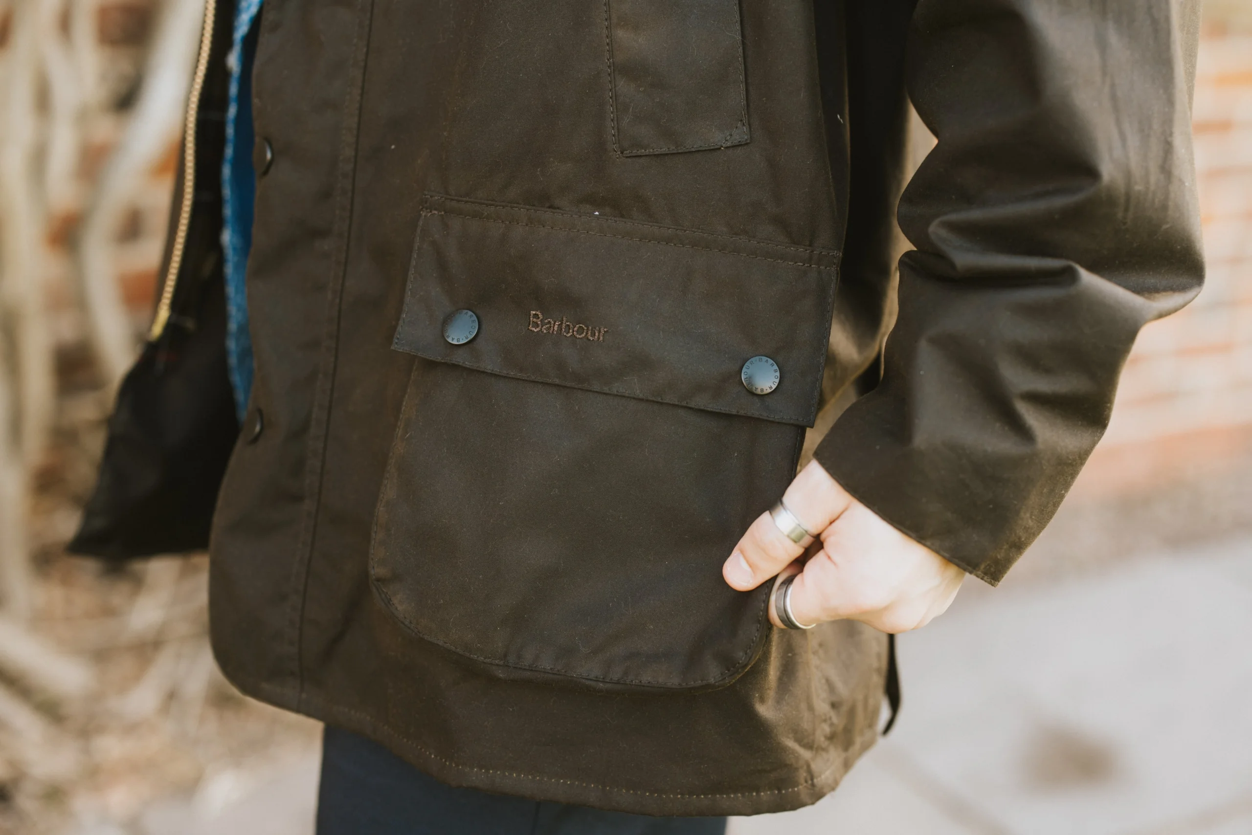 close up of a barbour coat pocket doddington country clothing