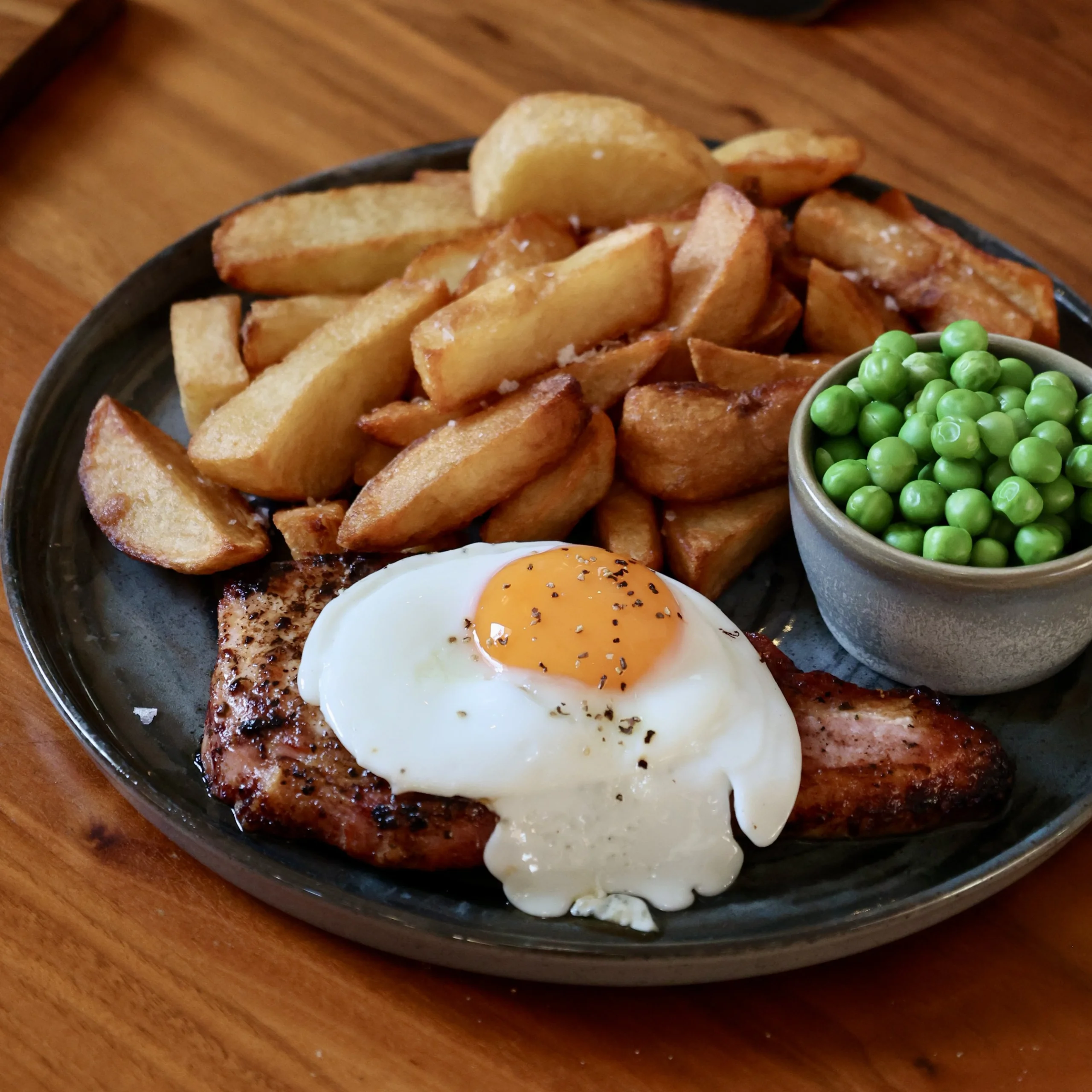 plate with gammon egg chips and peas doddington farm shop cafe