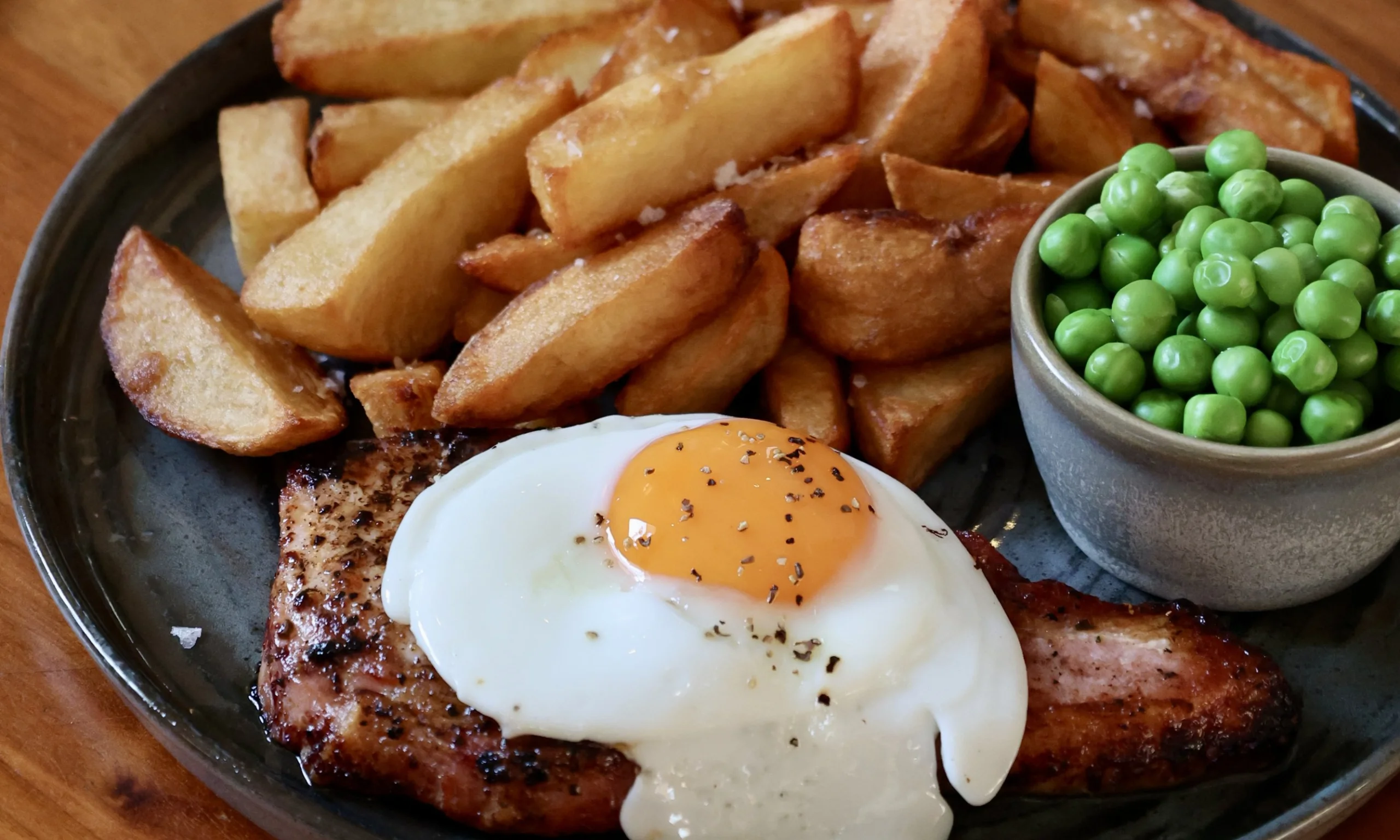 plate with gammon egg chips and peas doddington farm shop cafe