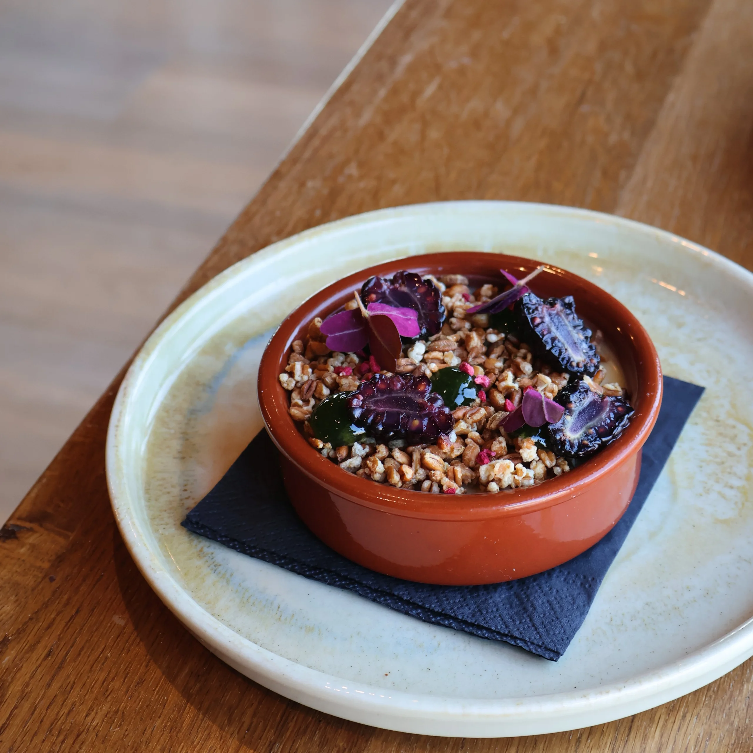 a lemon posset desert in a ceramic ramekin at doddington grain store