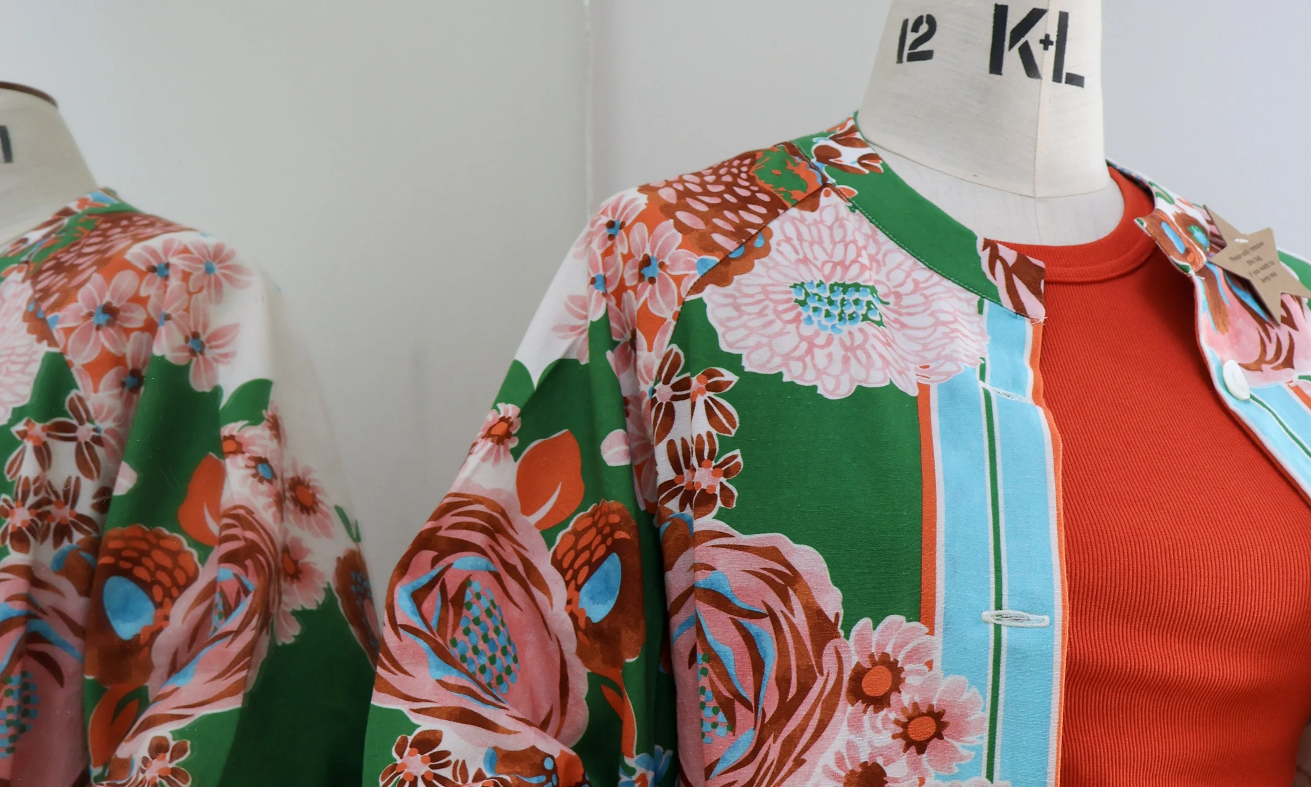 a close up of a womans patterned kimono at doddington country clothing store