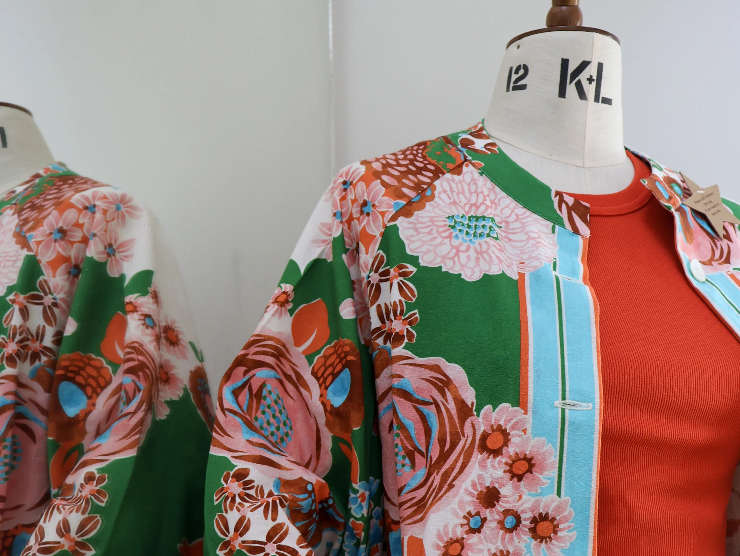 a close up of a womans patterned kimono at doddington country clothing store