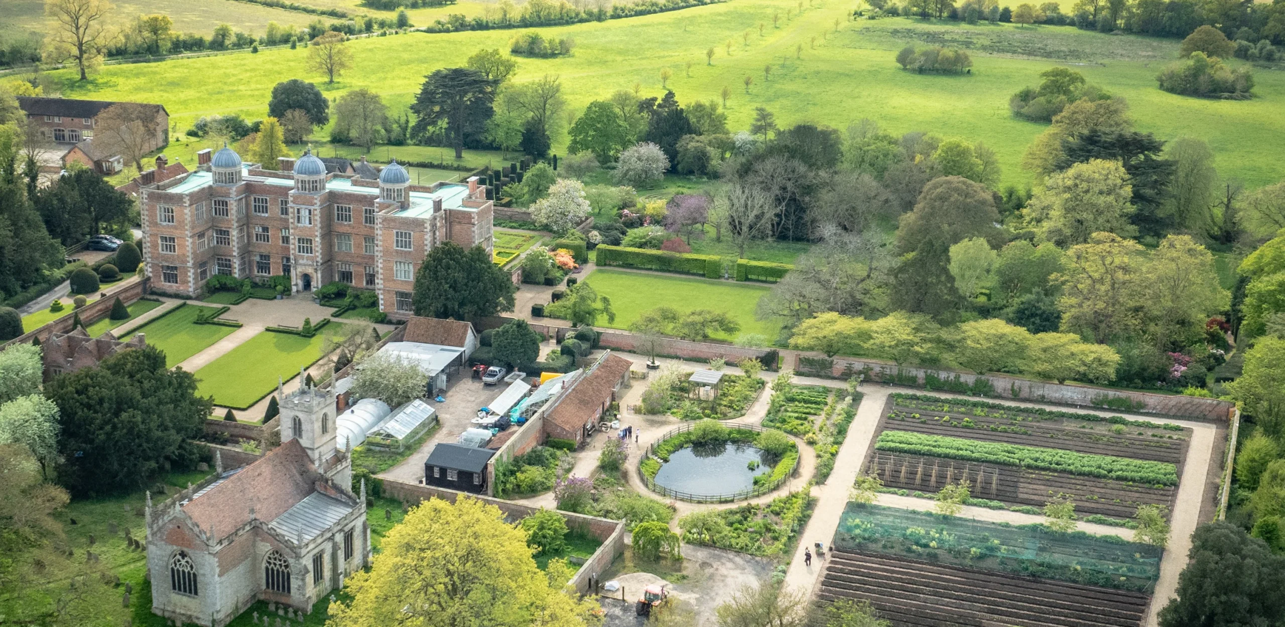 An aerial view of the kitchen garden at Doddington Hall