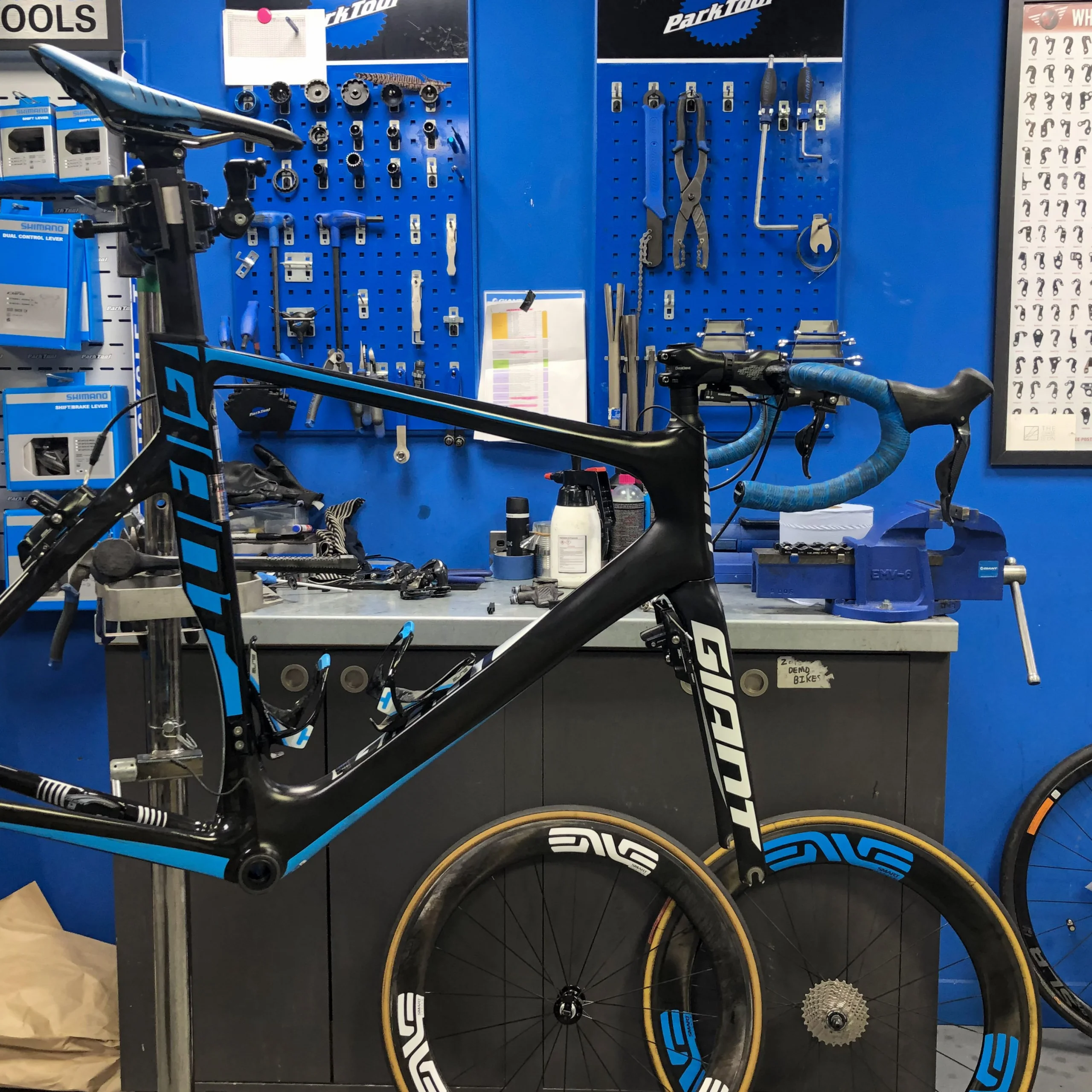 a bike on a service stand at giant doddington
