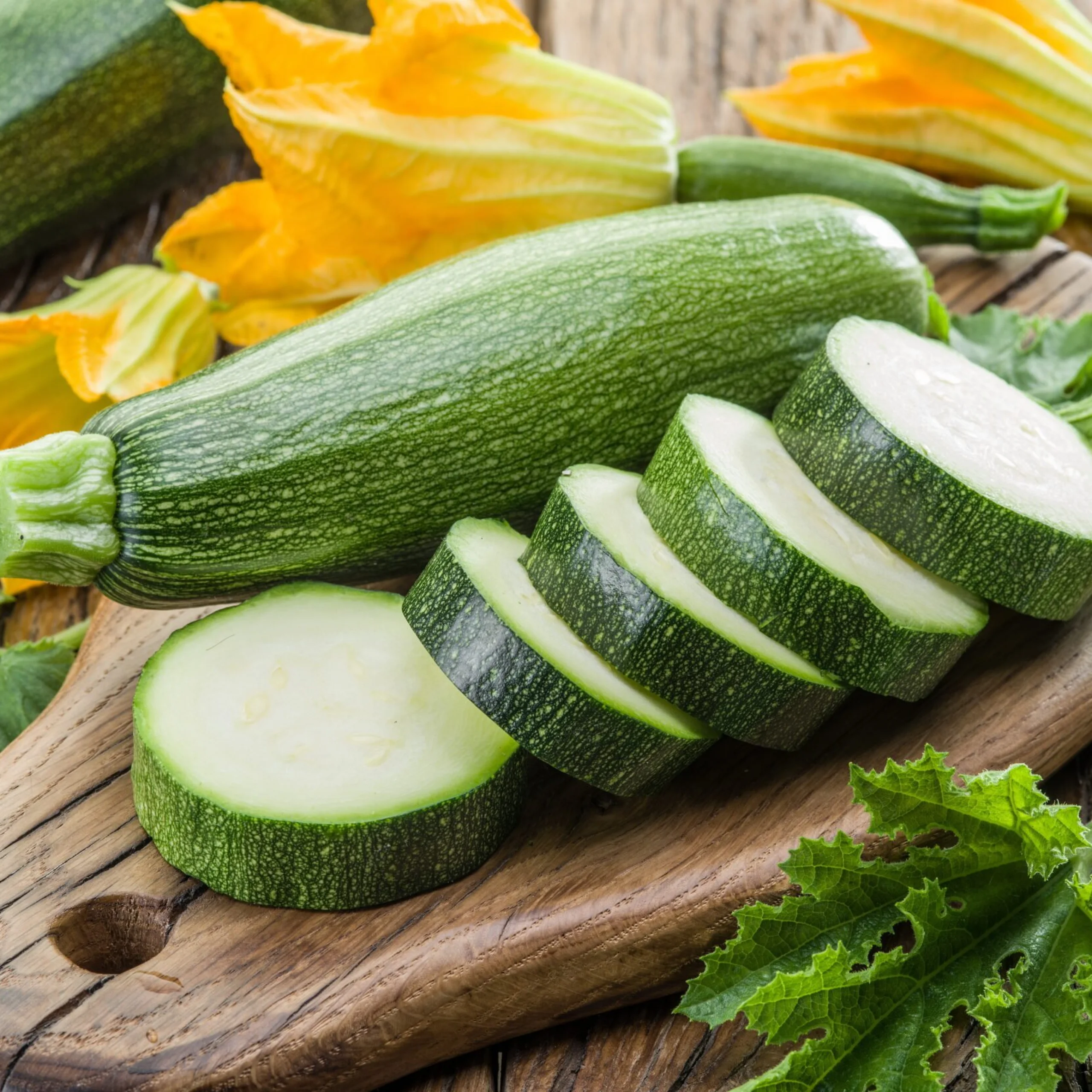 sliced courgettes on a wooden board