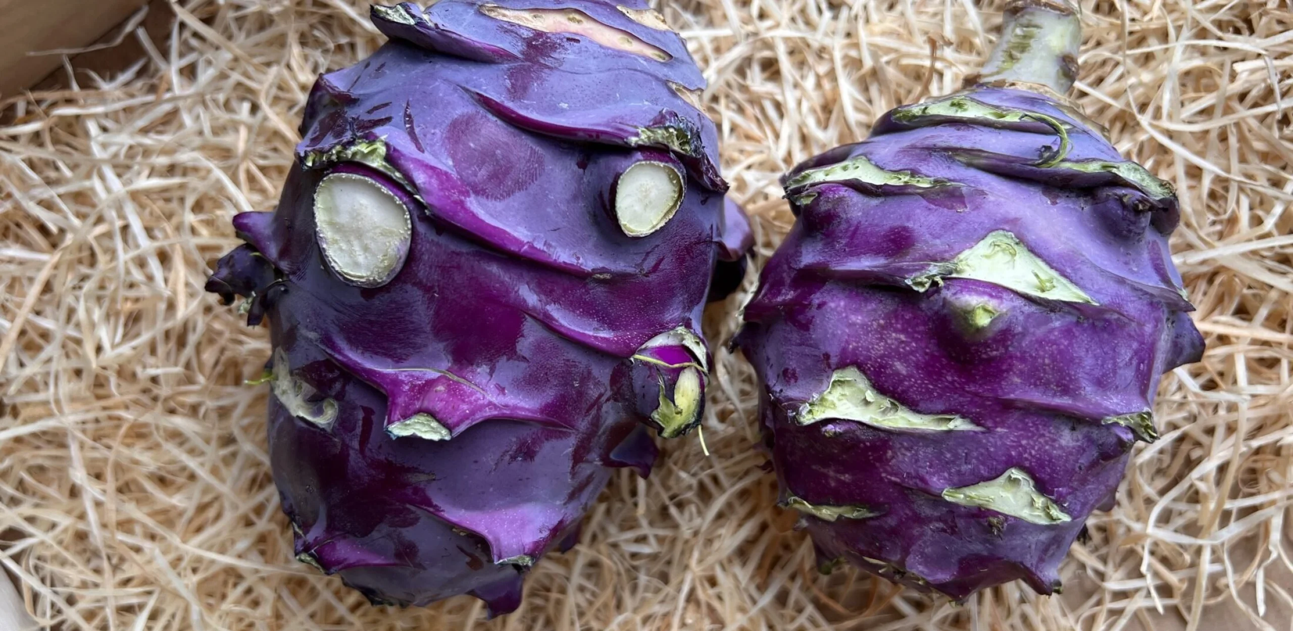 purple kohlrabi in a wooden box