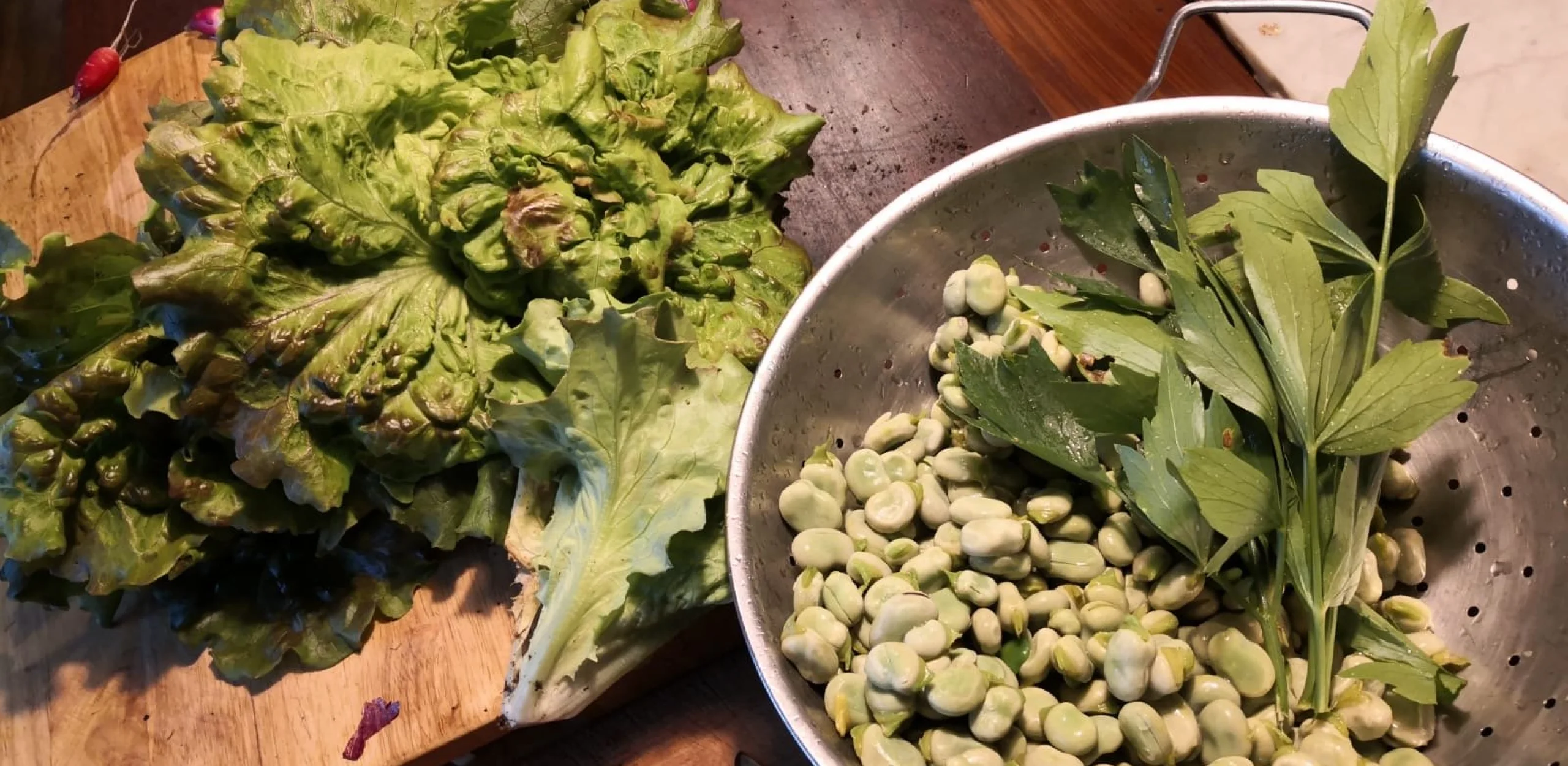 lettuce and edamame beans in a collander
