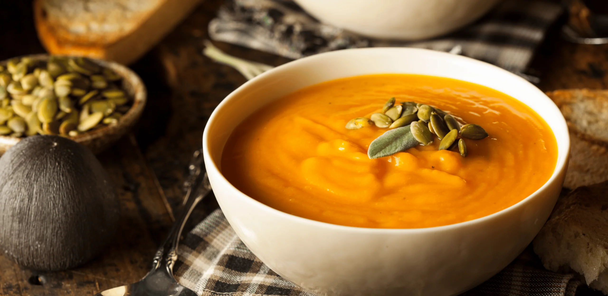 roasted pumpkin soup in a white bowl with seeds on top