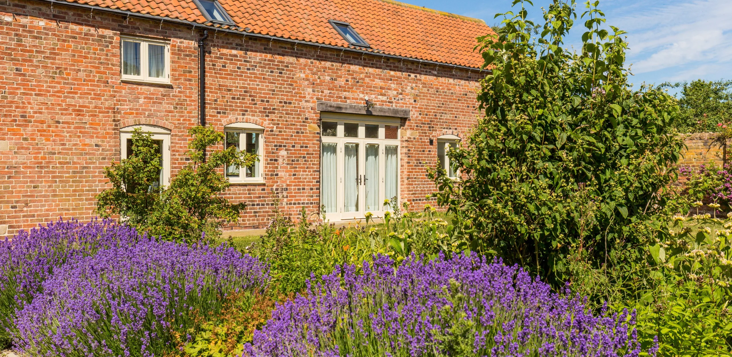 The exterior view of Shakespeare Cottage at Doddington Hall, with lavender at the forefront