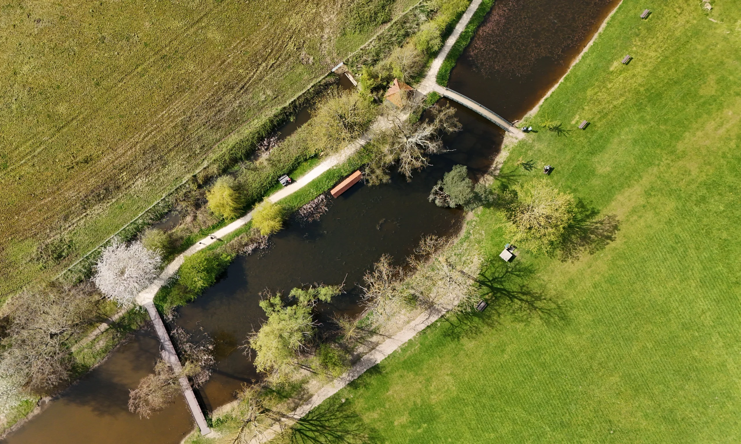 aerial view of the fishpond at doddington hall estate