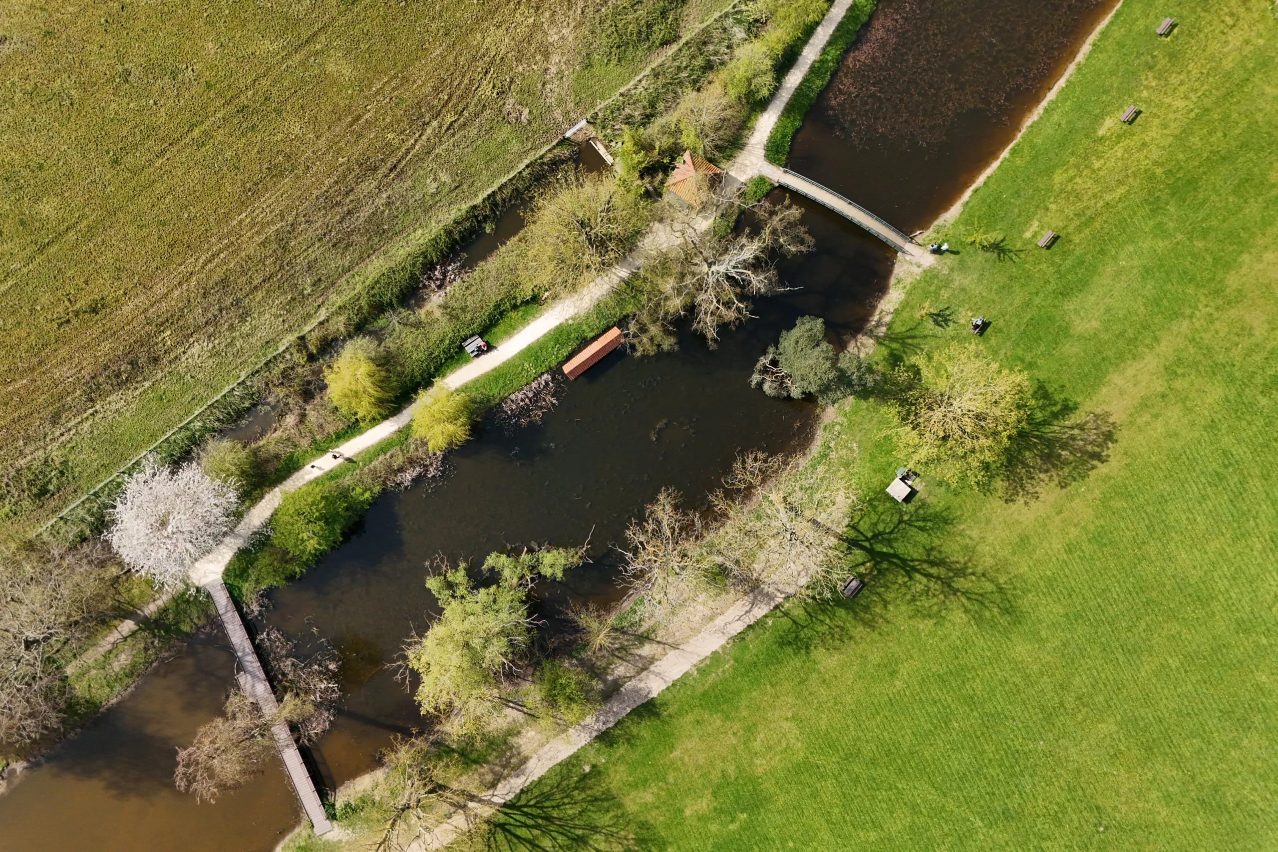 aerial view of the fishpond at doddington hall estate