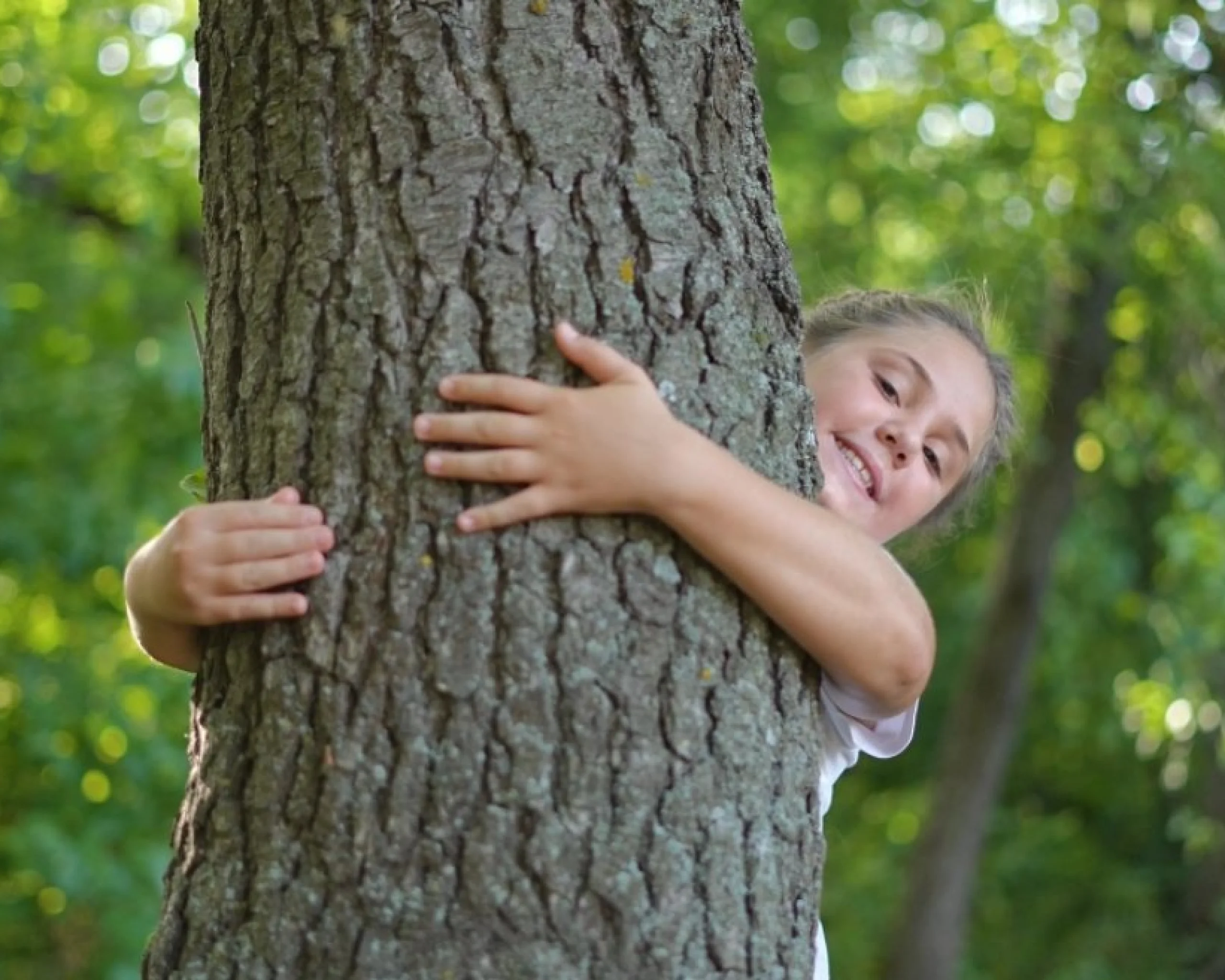 a child with their arms wrapped around a tree trunk smiling at the camera
