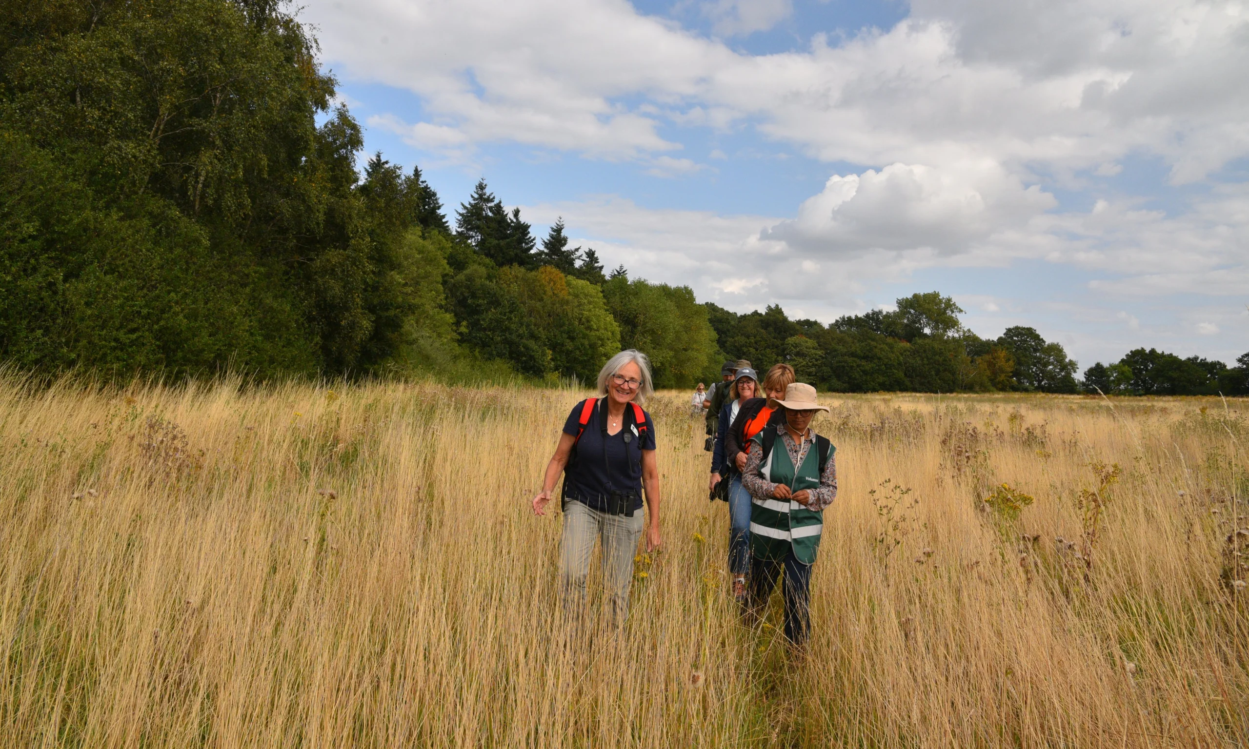 people walking through a grass meadow with a walking guide at wilder doddington