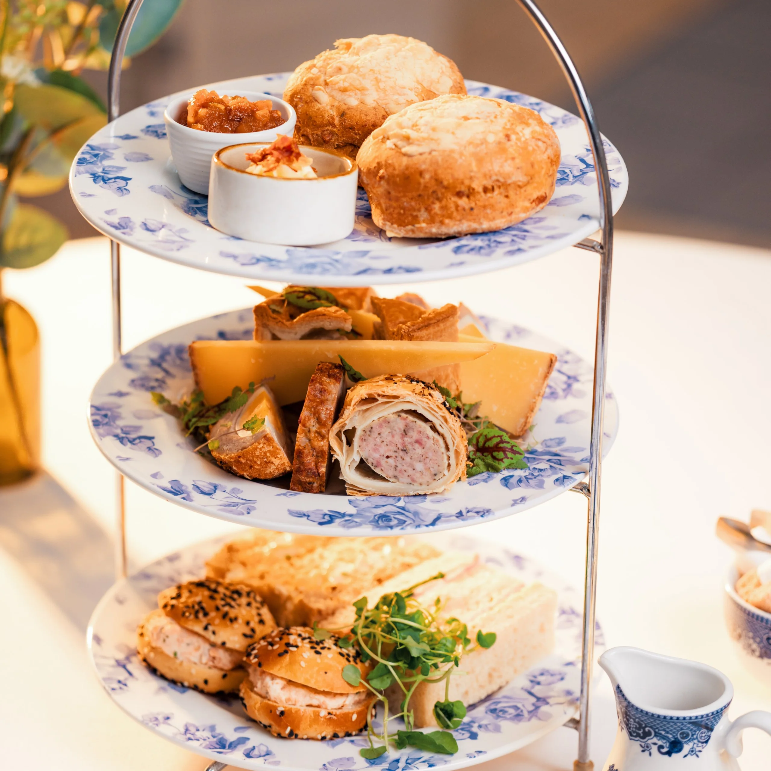 a close up of a savoury afternoon tea platter at doddington hall