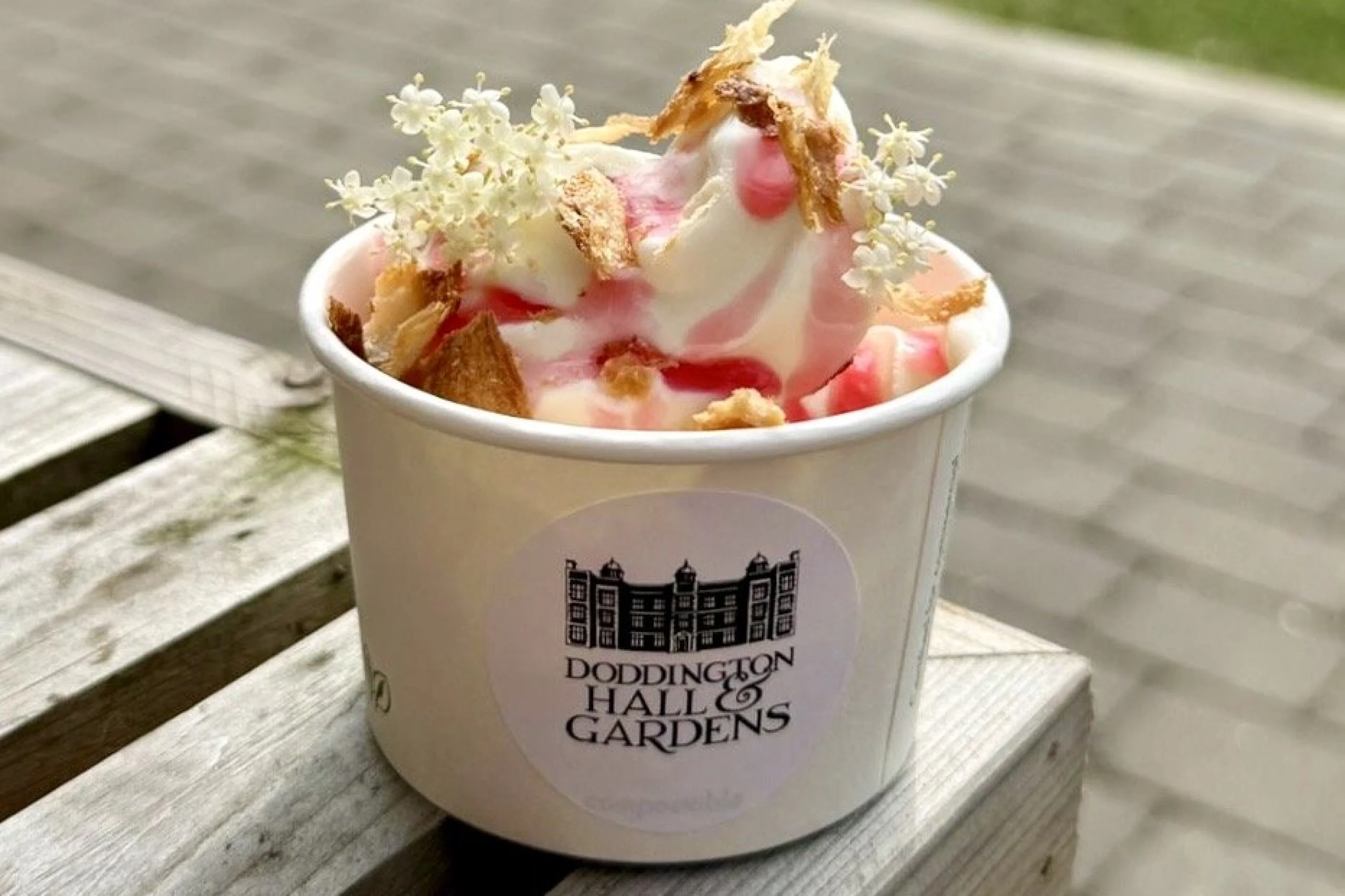 strawberry and elderflower drizzled soft serve ice cream in a tub at doddington hall