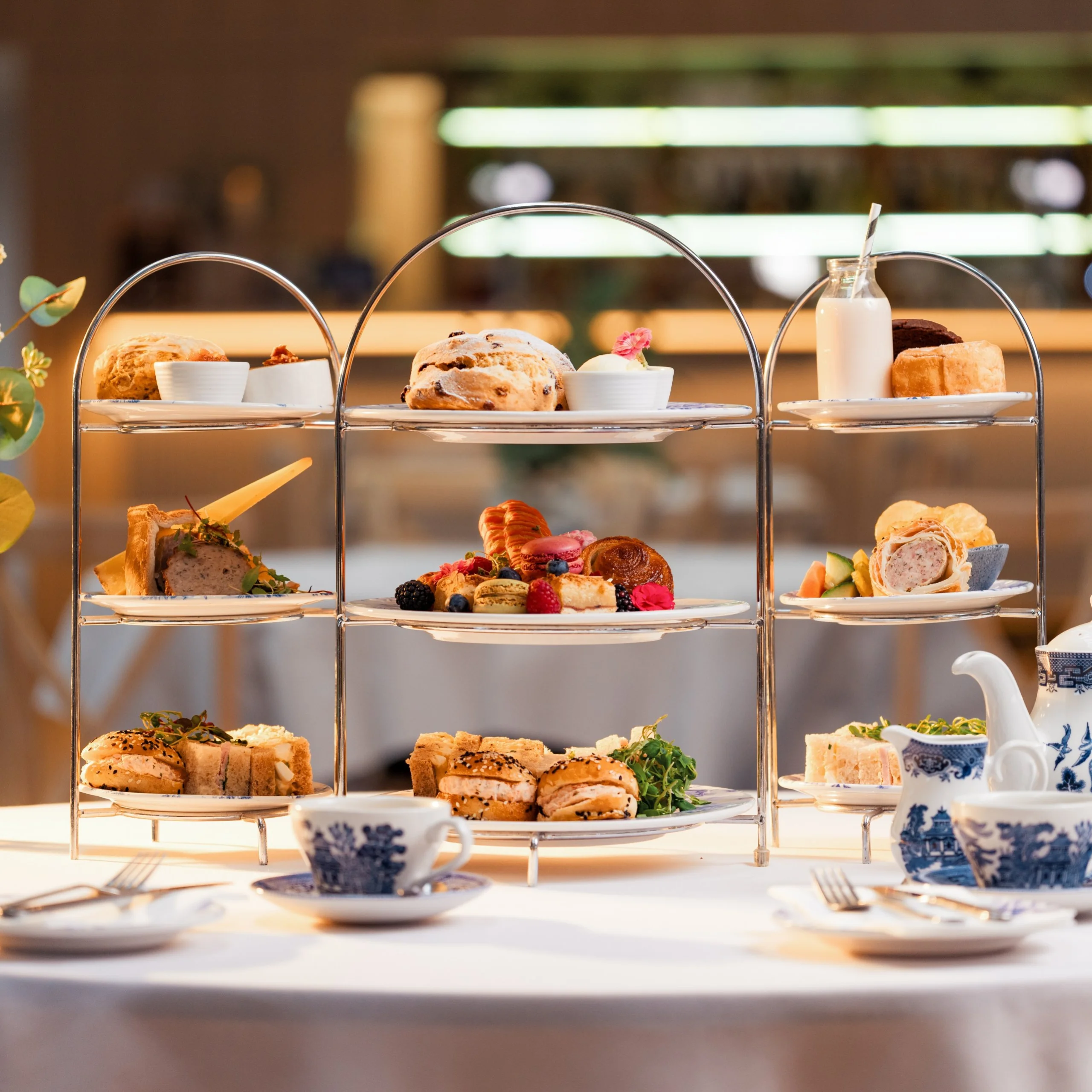 traditional savoury afternoon tea platters with blue and white china at doddington hall