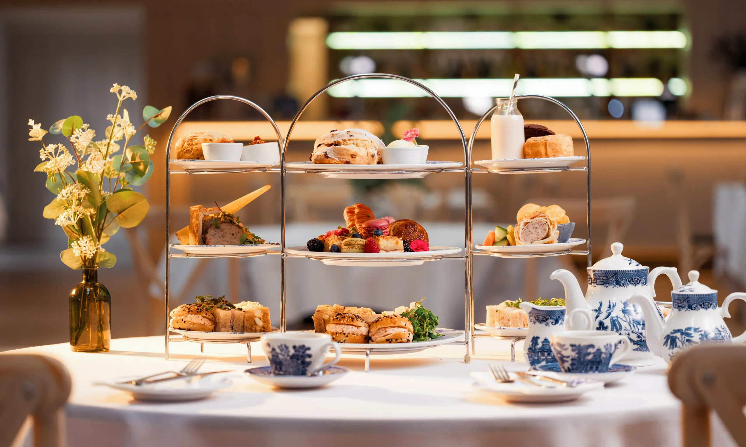traditional savoury afternoon tea platters with blue and white china at doddington hall